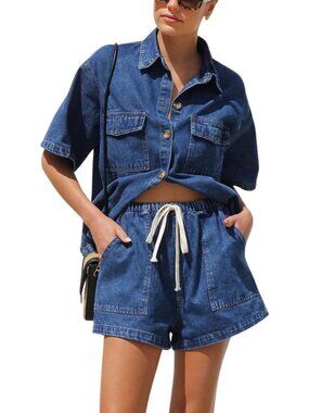 Women's Dark Blue Summer Denim 2 Piece Outfits Short Sleeve Button Down Shirt